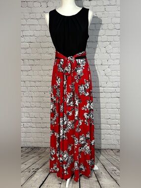 Shelby & Palmer Black and Red Floral Maxi Dress with Tie Waist